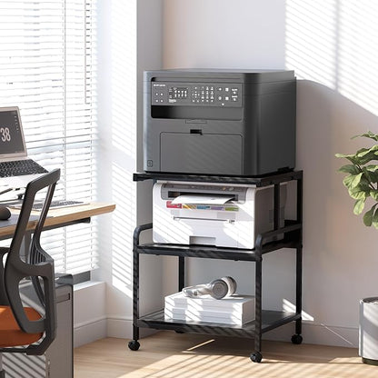 Large Printer Stand with Storage Shelf, 23.6" W x 18.9" D Printer Cart with Wheels, 3 Tier Mobile Printer Table for Home Office,Stands for Heat Press Scanner Fax (Black)