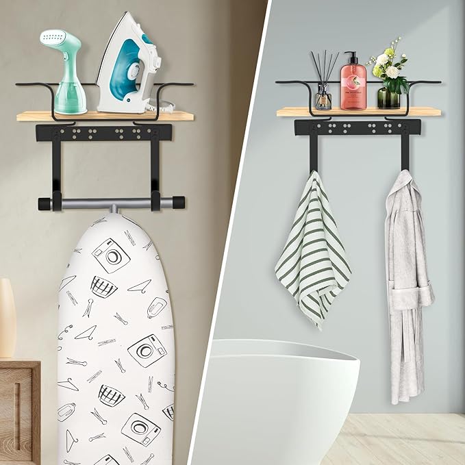 SMZCTYI Iron Board Holder, Wall Mount with Adjustable Hooks for Y & T-Leg Iron, Base Basket for Laundry Room, Bedroom