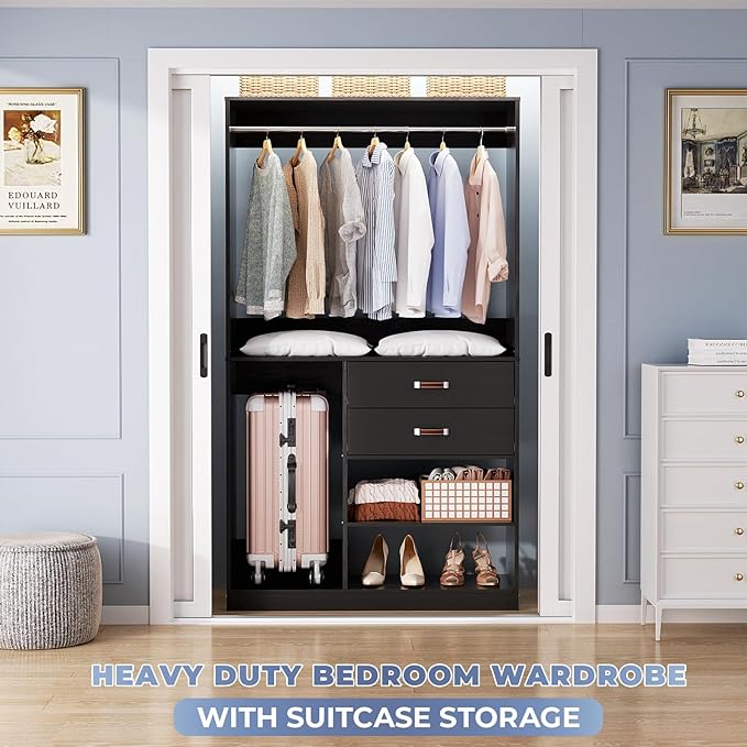 Armocity Freestanding Closet System with Suitcase Storage, 40 Inches Stand-alone Wardrobe with 2 Wood Drawers, 80'' Height Adjustable Cloth Garment Rack, Walk-in Closet with Hanging Rod, Black