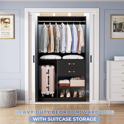 Armocity Freestanding Closet System with Suitcase Storage, 40 Inches Stand-alone Wardrobe with 2 Wood Drawers, 80'' Height Adjustable Cloth Garment Rack, Walk-in Closet with Hanging Rod, Black