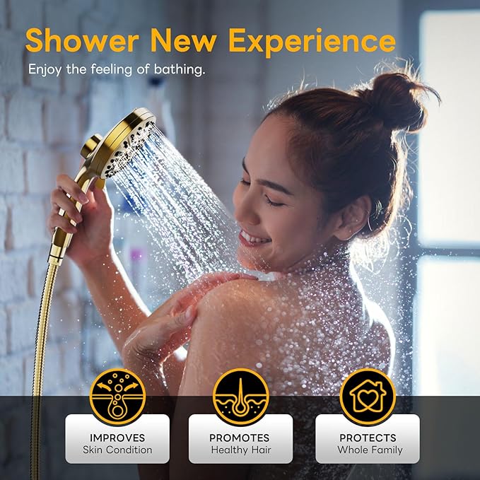 High Pressure 10 Ways Handheld Shower Head Brushed Gold- Anti-clog Nozzles, Built-in Power Wash to Clean Tub, Wall & Overhead Brackets,Magnetitc Rainfall Shower Wand,Built-in 2 Power Jet