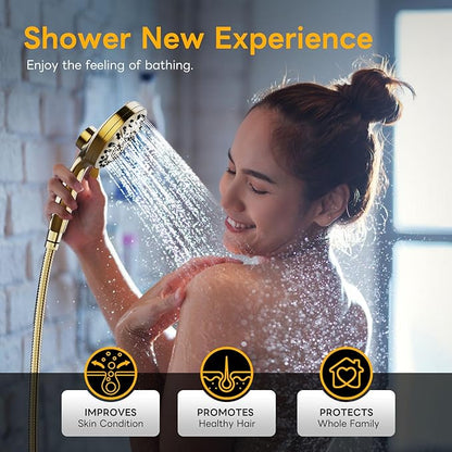 High Pressure 10 Ways Handheld Shower Head Brushed Gold- Anti-clog Nozzles, Built-in Power Wash to Clean Tub, Wall & Overhead Brackets,Magnetitc Rainfall Shower Wand,Built-in 2 Power Jet