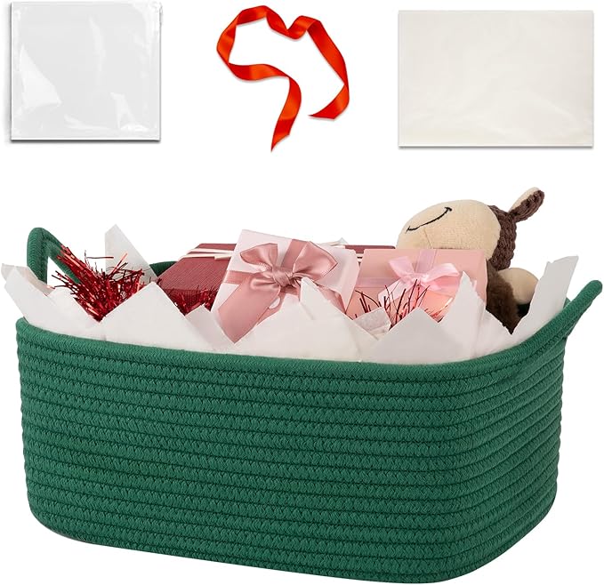 Basket for Gifts Empty, Woven Storage Basket with Gift Bag, Ribbon and Wrap Tissue Paper, Small Rope Toy Storage with Handles for Christmas, Baby Shower, Dog Toy Organizer, 13.6" x 10" x 5.9”