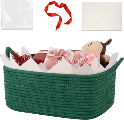 Basket for Gifts Empty, Woven Storage Basket with Gift Bag, Ribbon and Wrap Tissue Paper, Small Rope Toy Storage with Handles for Christmas, Baby Shower, Dog Toy Organizer, 13.6" x 10" x 5.9”
