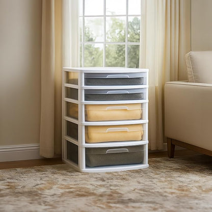 HOMZ Drawer Tower, 5-Tier Extra-Wide Clear Plastic Storage Organizer Cart, White Frame - Organizing Containers for Home, Office, Bathroom, Bedroom, and Classroom