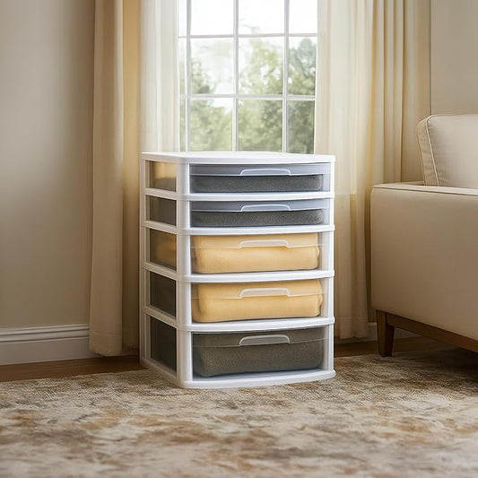 HOMZ Drawer Tower, 5-Tier Extra-Wide Clear Plastic Storage Organizer Cart, White Frame - Organizing Containers for Home, Office, Bathroom, Bedroom, and Classroom