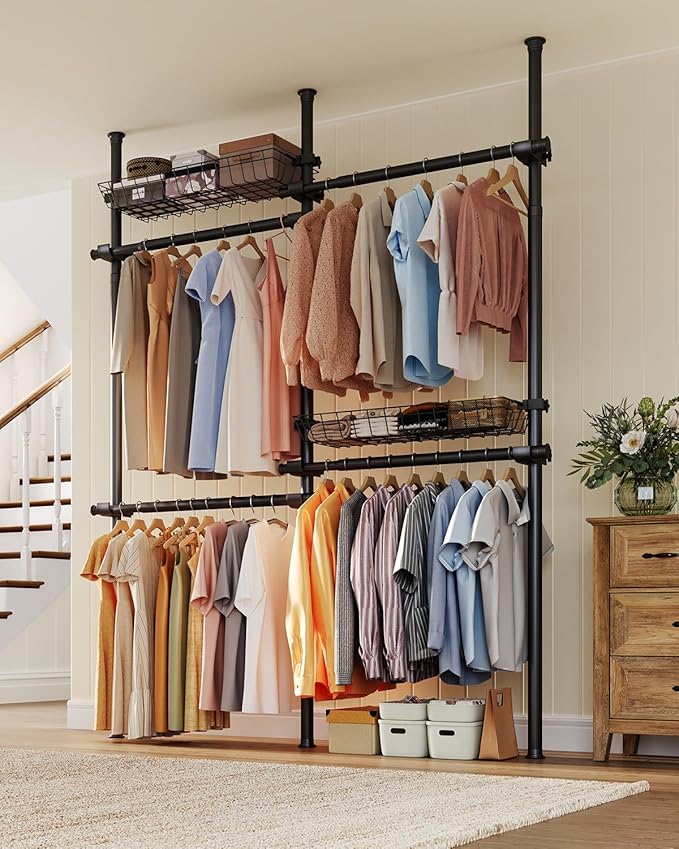 Floor-to-Ceiling Clothing Rack with 2 Wire Storage Baskets, 4 Hanging Rods, Adjustable Tension Closet Organizer for Bedroom, Walk-In Closet, Laundry Room, 4-Pole, Black