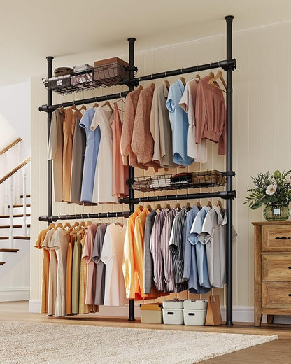 Floor-to-Ceiling Clothing Rack with 2 Wire Storage Baskets, 4 Hanging Rods, Adjustable Tension Closet Organizer for Bedroom, Walk-In Closet, Laundry Room, 4-Pole, Black