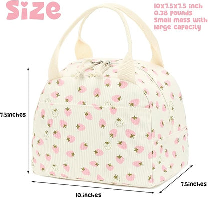 Bluboon Lunch Bag for Women Men Cute Corduroy Lunch Tote Bags Reusable Insulated Lunch Box Large Capacity Reusable Insulated Cooler for Work Picnic or Travel (Beige strawberry)