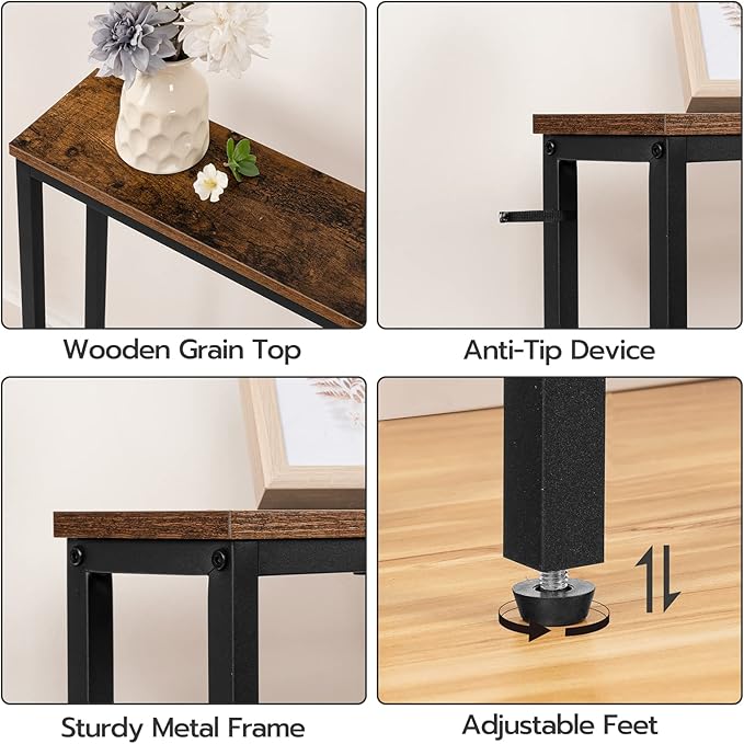 HOOBRO 63" Narrow Console Table with Charging Station, 5.9" Sofa Table with 2 Power Outlets and USB Ports, Long Entryway Tables Behind Couch Table, for Hallway, Livingroom, Rustic Brown BF165UXG01G1