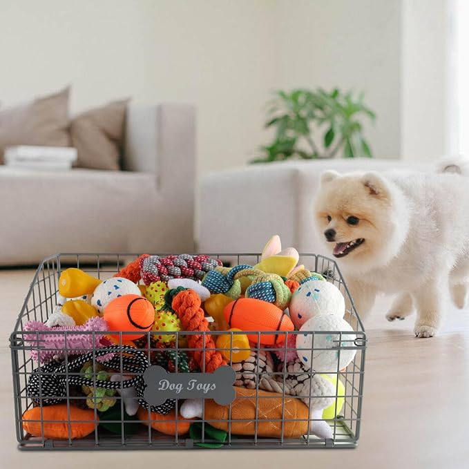 Dog Toy Basket Medium,Pet Storage Toys Box Metal Organizer Bin Dogs Wire Rack Container for Food Baskets Living Room Bins Plastic Supplies Boxes Puppy Cat Chest Organizers Treat Cabinet Gray Crate