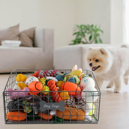 Dog Toy Basket Medium,Pet Storage Toys Box Metal Organizer Bin Dogs Wire Rack Container for Food Baskets Living Room Bins Plastic Supplies Boxes Puppy Cat Chest Organizers Treat Cabinet Gray Crate