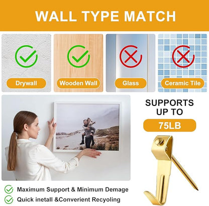 KURUI Picture Hangers, 385Pcs Picture Hanging Kit with Heavy Duty Picture Hanging Hooks, Sawtooth, Hardware Nails and Picture Hanging Tool, Wall Hangers for Frame, Painting, Art, Photo (Gold)