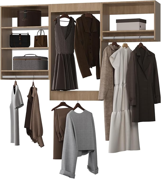 Modular Closet, 72" Wooden Tower with Shelving for Walk In Closets - Wall Mounted Bedroom Wardrobe Organizer