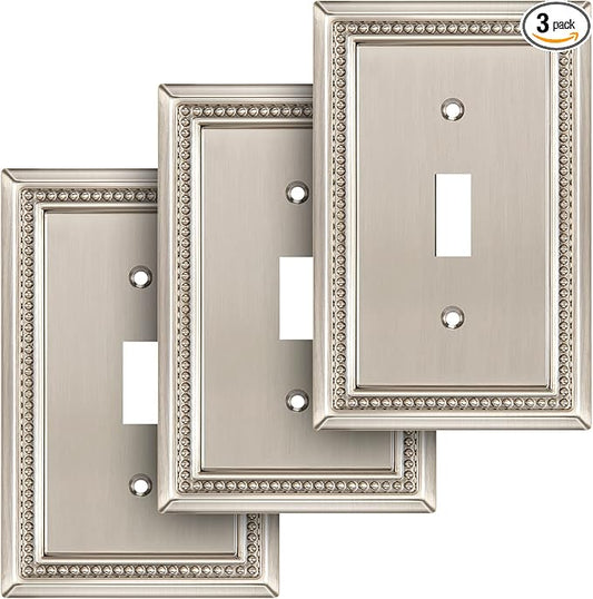 Henne Bery Sunken Pearls Heavy Duty Decorative Wall Plate Switch Plate Outlet Cover (Single Toggle, 3 Pack, Satin Nickel)