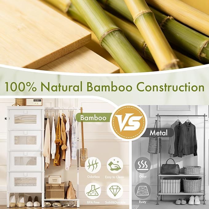 Bamboo Dresser with Hanging Rack, 4-Drawer Small Closet Organizer for Bedroom, Tall Storage Tower with Clothes Rack, Natural Wood 41.4"H x 31.3"W–Space-Saving Design, Easy Assembly （white）