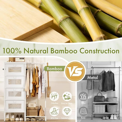 Bamboo Dresser with Hanging Rack, 4-Drawer Small Closet Organizer for Bedroom, Tall Storage Tower with Clothes Rack, Natural Wood 41.4"H x 31.3"W–Space-Saving Design, Easy Assembly （white）