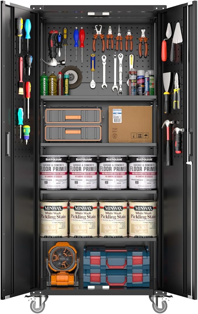 GarveeHome Garage Storage Cabinet with Wheels & Pegboard, 72 in H Locking Metal Storage Cabinet with 2 Doors & 4 Adjustable Shelves for Garage Workshop Home Office, Black