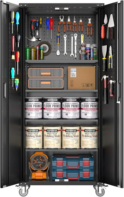 GarveeHome Garage Storage Cabinet with Wheels & Pegboard, 72 in H Locking Metal Storage Cabinet with 2 Doors & 4 Adjustable Shelves for Garage Workshop Home Office, Black