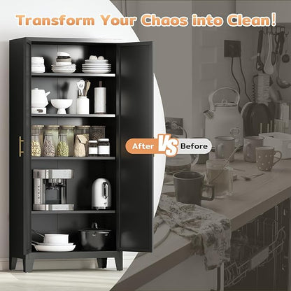 70.87" H Metal Kitchen Pantry Cabinet, Freestanding Cupboard with 2 Doors and 4 Adjustable Shelves, Tall Metal Storage Cabinet for Kitchen, Bathroom, Dinning Room or Laundry Room （Black）