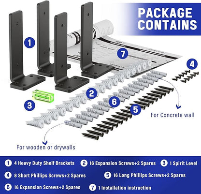 Goovilla Shelf Bracket, Heavy Duty Floating Shelf Brackets 6 inch Long, 4 Pack Brackets for Shelves, Black Coated Metal Wall Shelf Support Brackets with 1/5 Inch Thick and 160 lb. Load Capacity