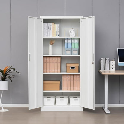 Metal Storage Cabinet, 71”H Locking Storage Cabinet with 5 Adjustable Shelves, Steel Cabinets for Garage, Home, Office, Pantry (White)