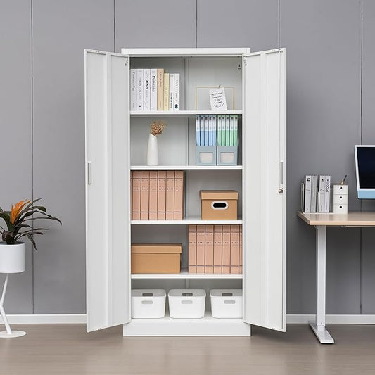 Metal Storage Cabinet, 71”H Locking Storage Cabinet with 5 Adjustable Shelves, Steel Cabinets for Garage, Home, Office, Pantry (White)