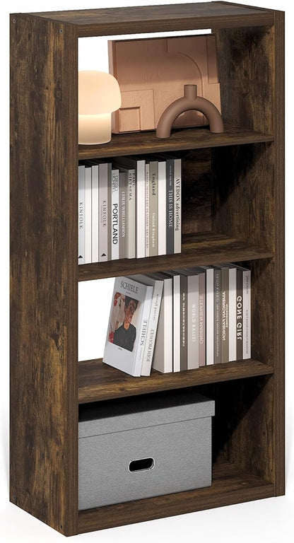 Furinno Viola Book Shelf, 4-Tier Bookshelf, Extra Thick Frame Bookcase with Open Shelf, Open Back Design, 11.3" x 23.2" x 45.4", for Living Room, Bedroom, Home Office, Amber Pine