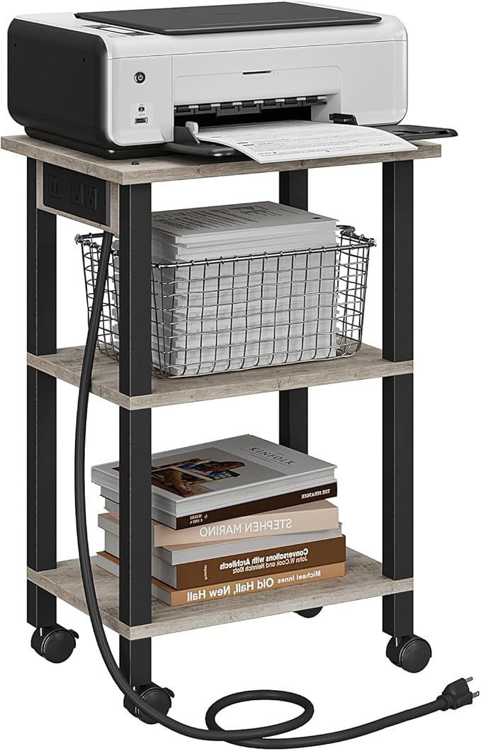 TUTOTAK 3 Tier Printer Stand, Rolling Printer Cart with Power Outlets and USB Ports, Mobile Printer Table with Wheels, for Under Desk, Office, Home, Greige PS02BG001
