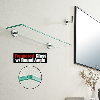 JQK Bathroom Glass Shelf Chrome, Tempered Glass Shower Storage 20 by 5 inches, 304 Stainless Steel Polished Chrome Wall Mount, 2 Pack, TGS101L20-CH-P2
