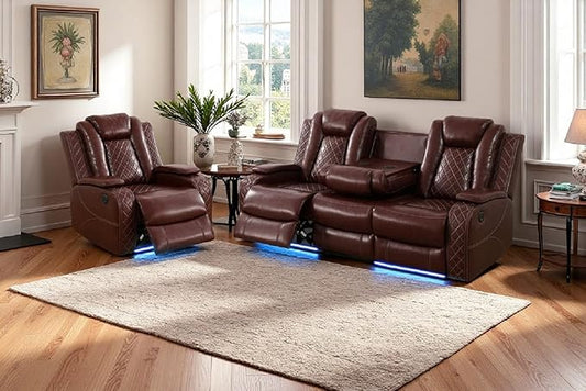 Power Reclining Couch Set for Living Room, Living Room Furniture Sets Include 1 Recliner Chair, 3 Seat Sofa, Soft Leather Brown Recliner Sofa Furniture Set for Home and Office