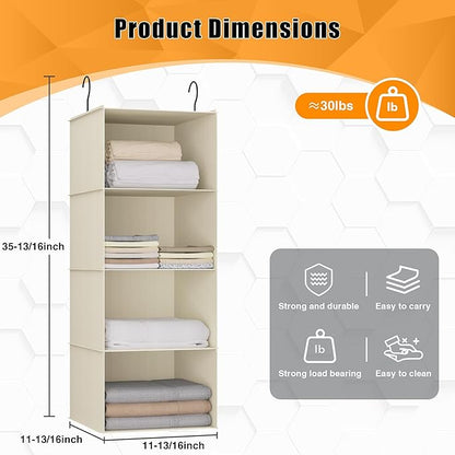 Hanging Closet Organizer, Easy Mount Foldable 4-Shelf Hanging Closet Wardrobe Storage Shelves, Clothes Handbag Shoes Accessories Storage, Washable Oxford Cloth Fabric, Beige