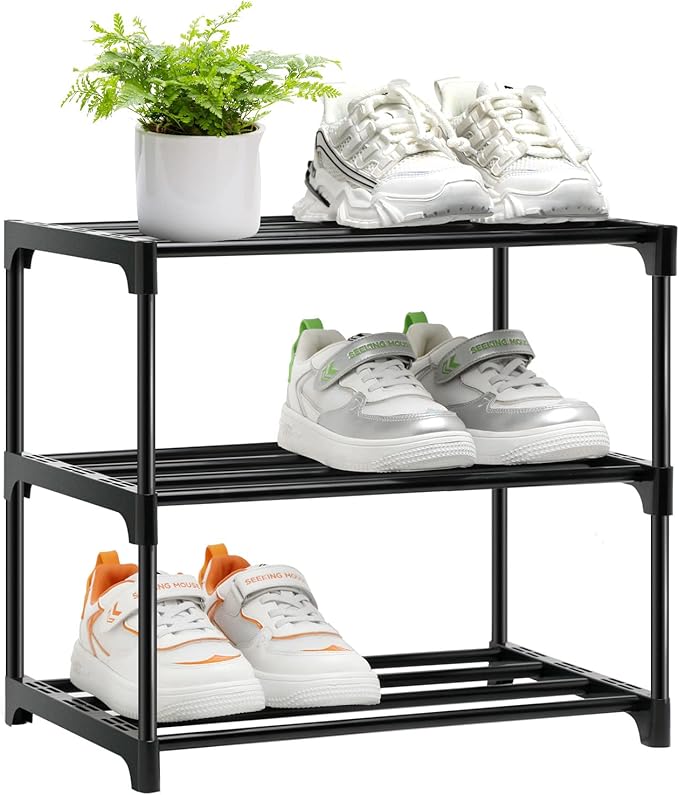 Stackable Small Shoe Rack for Closet 3 Tier, Sturdy Shoe Rack Organizer for Front Door Entrance and Entryway, Free Standing Metal Shoe Shelf Storage for Closet Bedroom Garage Black