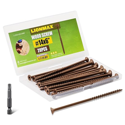 LIONMAX Deck Screws #14 x 6 Inch, 20 PCS, Long Wood Screw, Rust Resistant, Exterior Epoxy Coated for Outdoor Timber Project, Torx/Star Drive Head, T30 Star Bit Included
