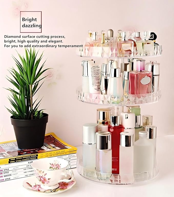 Diamond Pattern Three Layers Perfume Organizer, 360 Rotating Diamond Cosmetic Storage Box Transparent Acrylic Swivel Shelf Desktop Skin Care Product Dresser Finishing Valentines Day Gifts