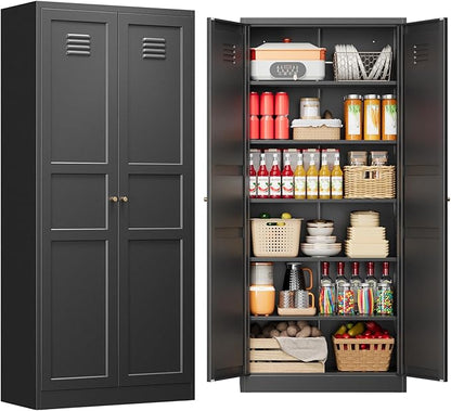 71" Tall Kitchen Pantry Storage Cabinet with 2 Doors and 5 Adjustable Shelve, Metal Black Food Pantry Cabinet, Kitchen Cabinet Storage Unit,6 Tier Freestanding Cupboard for Kitchen Dining/Living Room