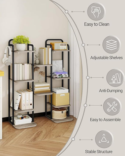 6 Tiers Vertical Shoe Rack, Narrow Shoe Tower, Tall Shoes Shelf with 2 Hooks, Adjustable Shelves, Corner Shoes Shelves for Small Spaces, Entryway, Living Room, Greige, SR04205B