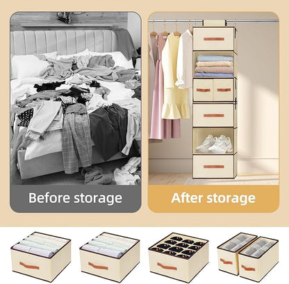 Hanging Closet Organizer 6-Shelf, Upgrade Hanging Shelves for Closet with 5 Removable Drawers & Side Pockets, Hanging Shelf Organizer for Bedroom or Garment Rack, 12.6'' x 12.6'' x 44.1'', Beige