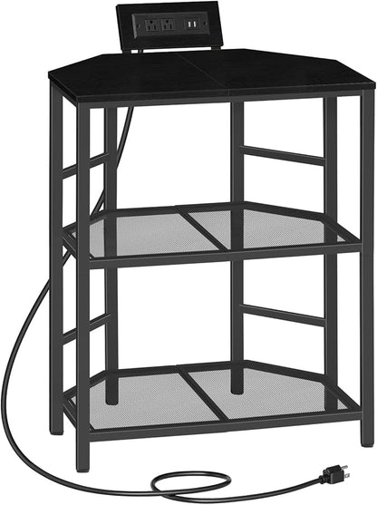 Corner Printer Stand with Charging Station, 3-Tier Large Printer Table with Adjustable Feet, Metal Frame Storage Shelf for Office, Living Room, Small Space, Black PTBK14E01