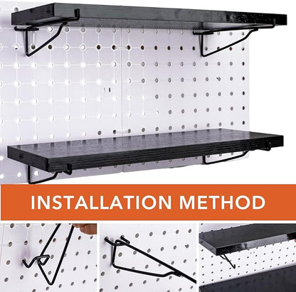 Black Pegboard Shelf, 4 Pack Wooden Pegboard Shelves with Metal Brackets Hooks, Heavy Duty Peg Board Organizer Shelves, Pegboard Accessories Organizer for Crafts Room, Garage, Workbench, Office