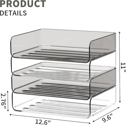 4-Tier Acrylic Paper Tray Organizer for Desk, Clear & Brown Stackable Letter Trays, Modern Desktop File Organizer with Snap-Fit Design, Office Desk Accessories