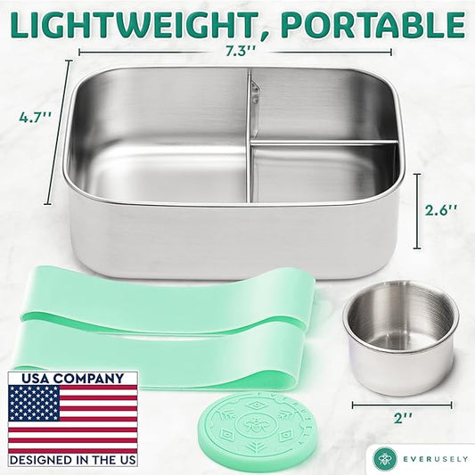 Everusely - Bento Box - Green, 37oz / 1.1 L - Stainless Steel Lunch Box with Leakproof Condiment Container - 3 Compartment Snack Organizer for On the Go Meals - Freezer & Dishwasher Safe