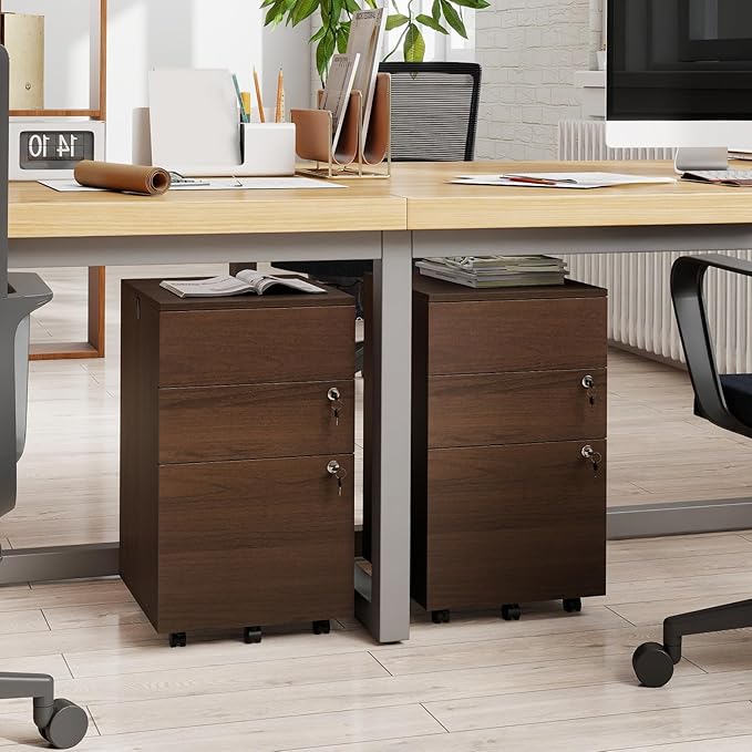 Giantex 3-Drawer File Cabinet with Lock, 27-Inches Storage Cabinet with 2 Side Hooks, Mobile Printer Stand, Wheels, 4 Keys, Vertical Filing Organizer fits Letter/A4 Size for Home Office (Brown)