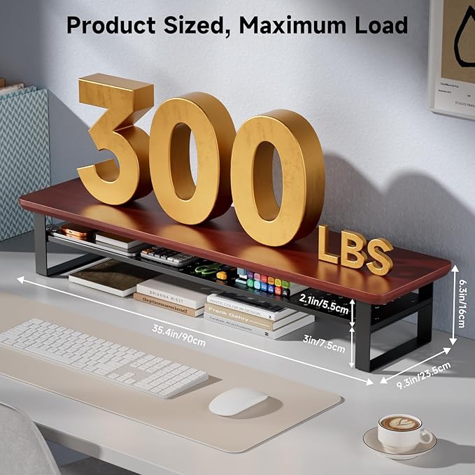Dual Monitor Stand, 35.4 Inch Monitor Stand Riser for 2 Monitors, 2 Tiers Wood Desk Shelf with Storage, Desktop Organizer Stand for Computer, Laptop, Printer, TV (Reddish Brown, 35.4in)
