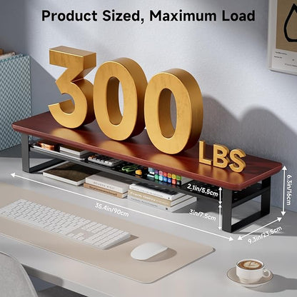 Dual Monitor Stand, 35.4 Inch Monitor Stand Riser for 2 Monitors, 2 Tiers Wood Desk Shelf with Storage, Desktop Organizer Stand for Computer, Laptop, Printer, TV (Reddish Brown, 35.4in)