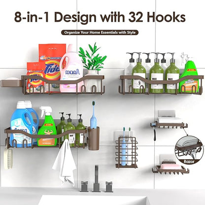 Shower Caddy Adhesive Shower Organizer 8-Pack, Rustproof Stainless Steel Bathroom Shelves, Large Capacity No-Drill Rack Storage Accessories with Soap Dish Toothbrush Holder Hooks