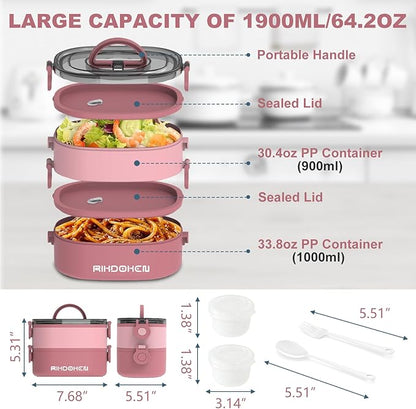 Lunch Box, Stackable 2 Layers Containers, Portable 64OZ Large Capacity Leakproof Bento Box with Spoon & Fork & Sauce Boxes, Microwave Safe Lunch Box for Kids and Adults