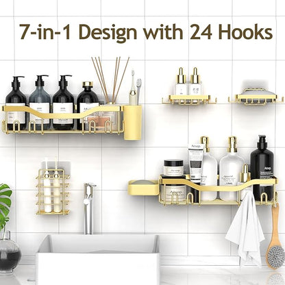 Shower Caddy Adhesive Shower Organizer 7-Pack, Rustproof Stainless Steel Bathroom Shelves, Large Capacity No-Drill Rack Storage Accessories with Soap Dish Toothbrush Holder Hooks