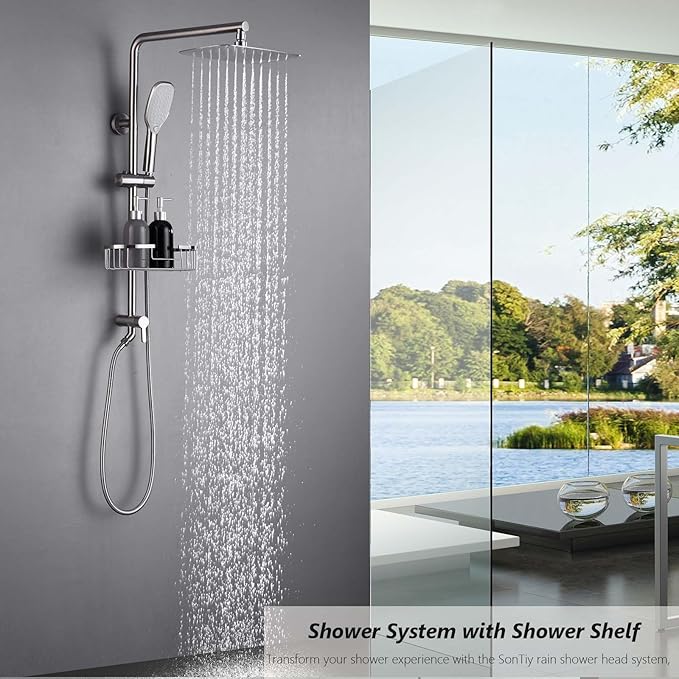 SonTiy Rain Shower Head with Handheld Spray and Shower Shelf, All Metal Shower System Kit with Hand Shower, Height Adjustable Holder and Brass Diverter for Whole Family, 2.5GPM,Brushed Nickel