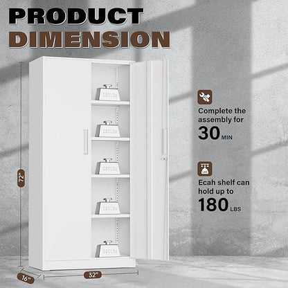 72” Metal Storage Cabinet, Lockable File Cabinets with 2 Doors and 4 Adjustable Shelves, Steel Tool Cabinets with Lock for Office, Home, Gym, White-Small